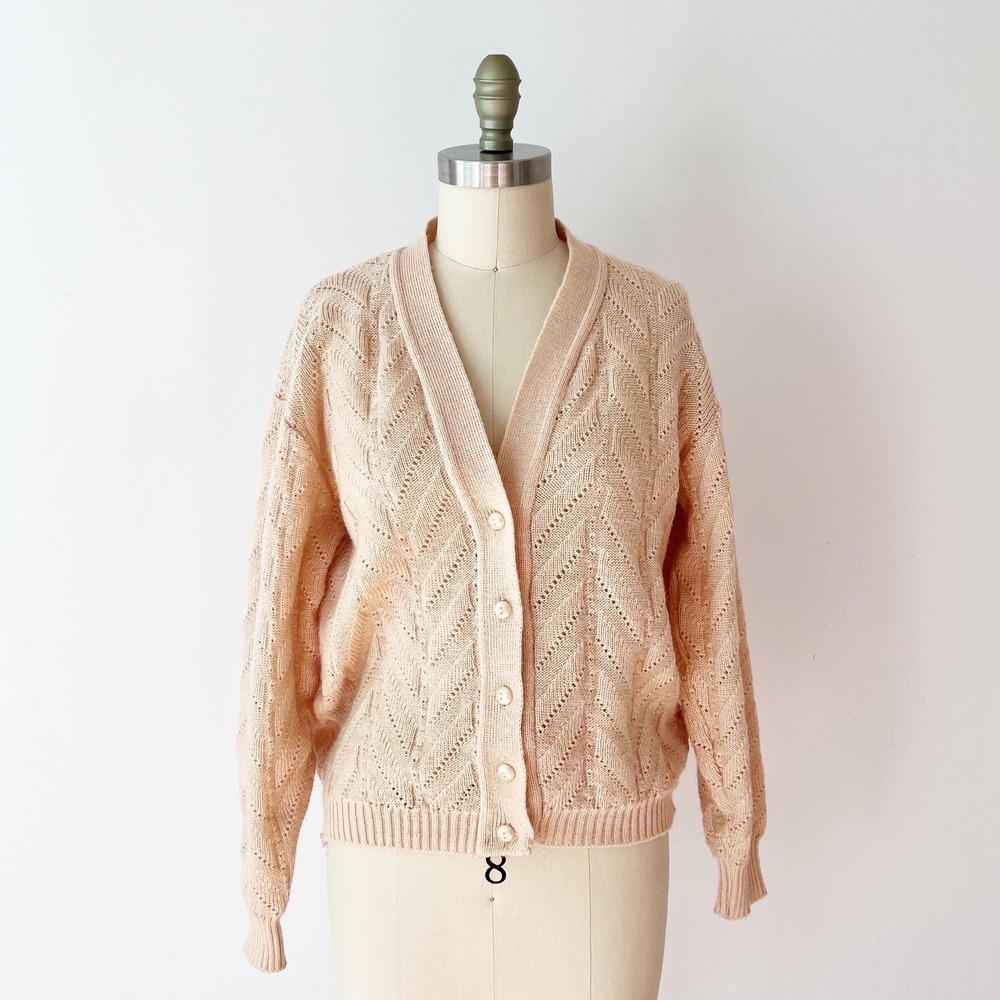Vintage 70s Cardigan Peach Chevron Pointelle Knit‎ V-Neck Button Front Sweater